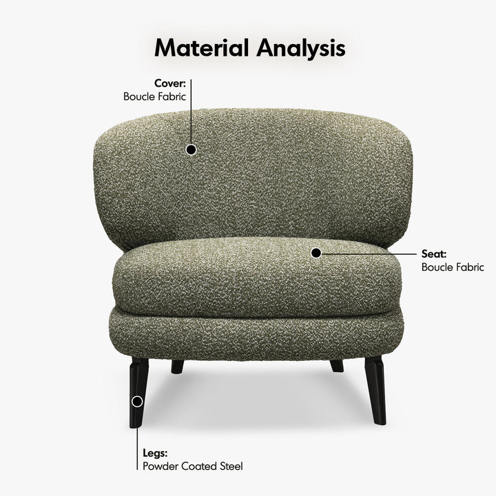 Cream boucle fabric 1 seater sofa moss in close up details.