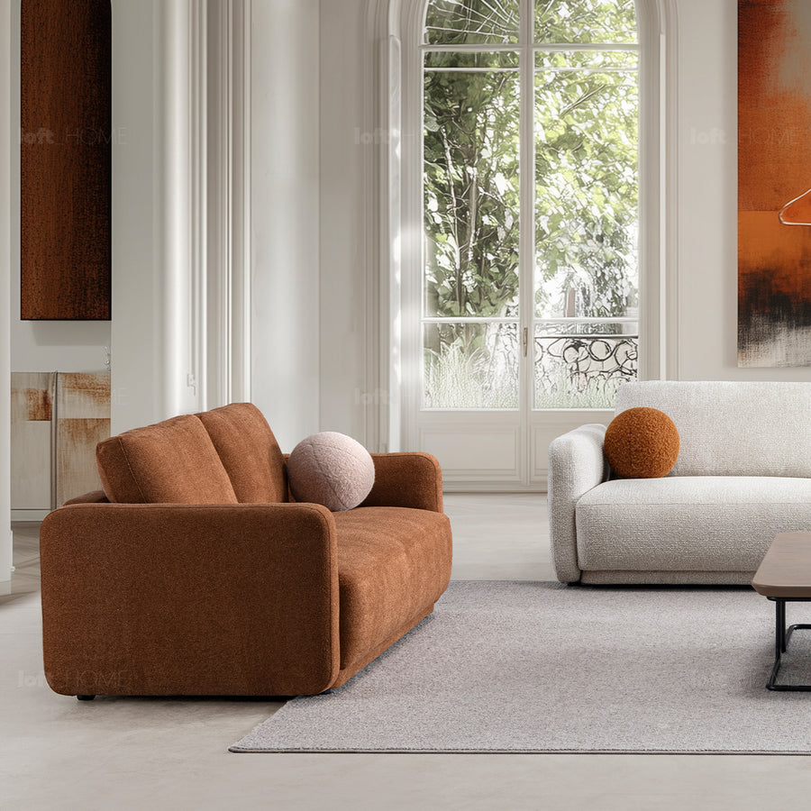 Modern boucle fabric 2 seater sofa rusty primary product view.