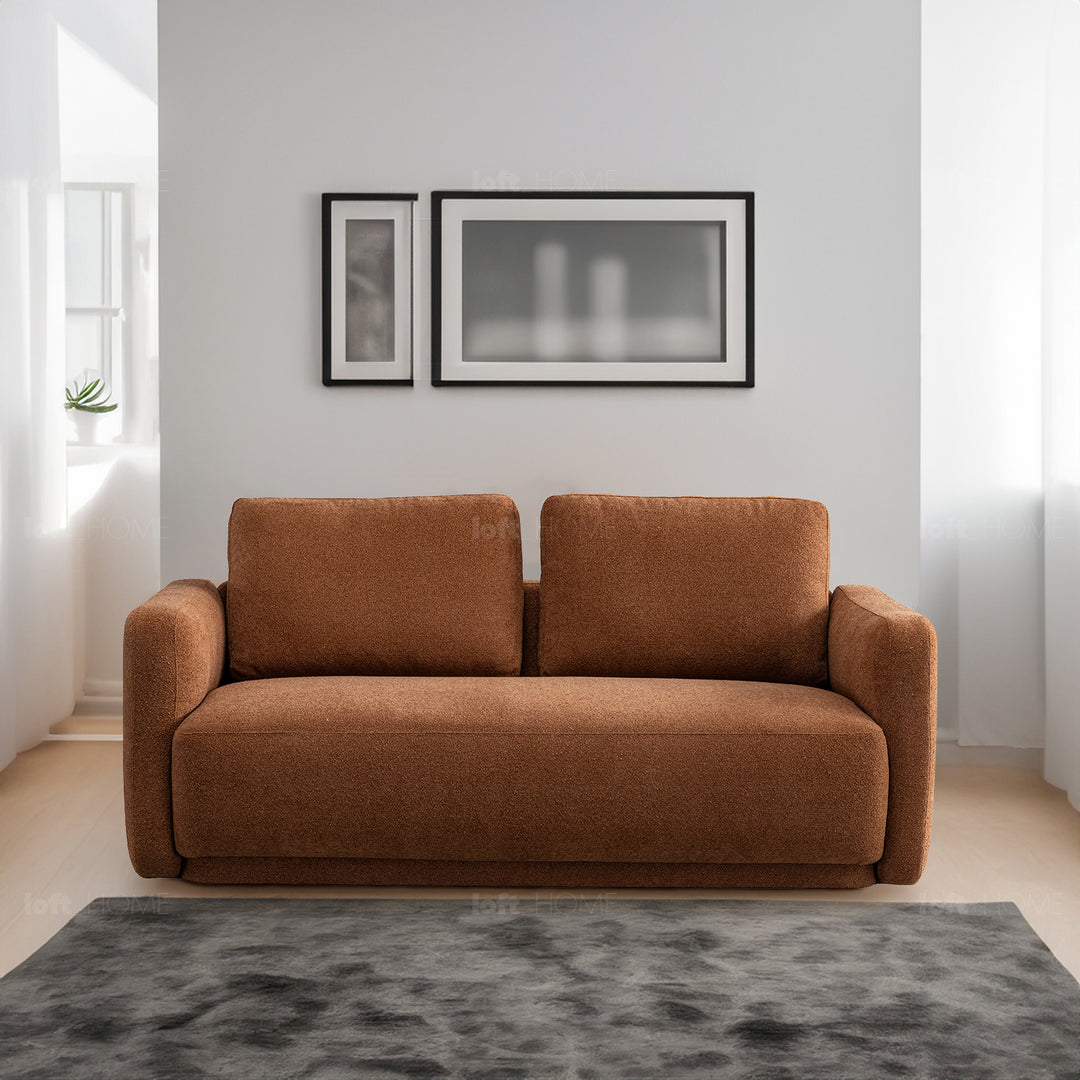 Modern boucle fabric 2 seater sofa rusty color swatches.