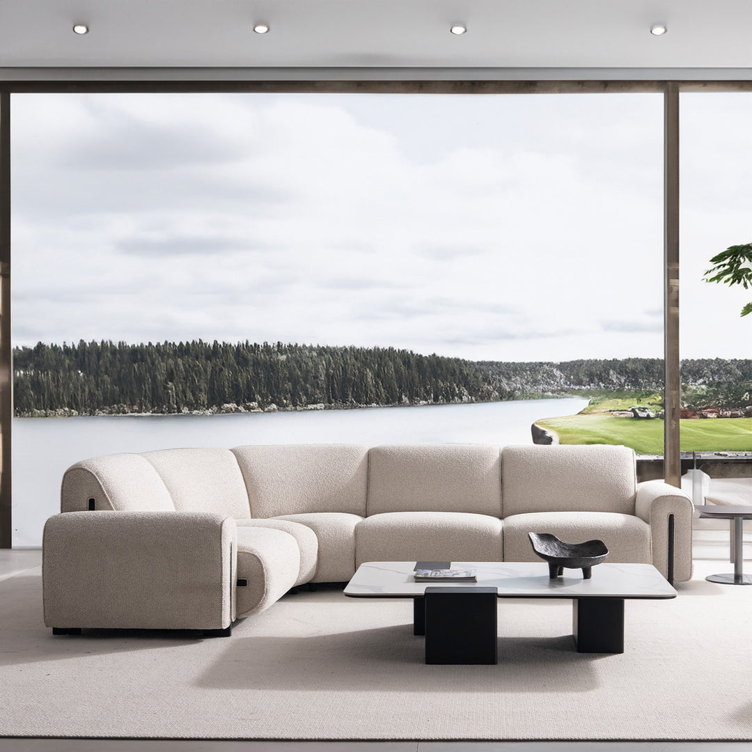 Minimalist boucle fabric modular 3 seater sofa colle material variants.