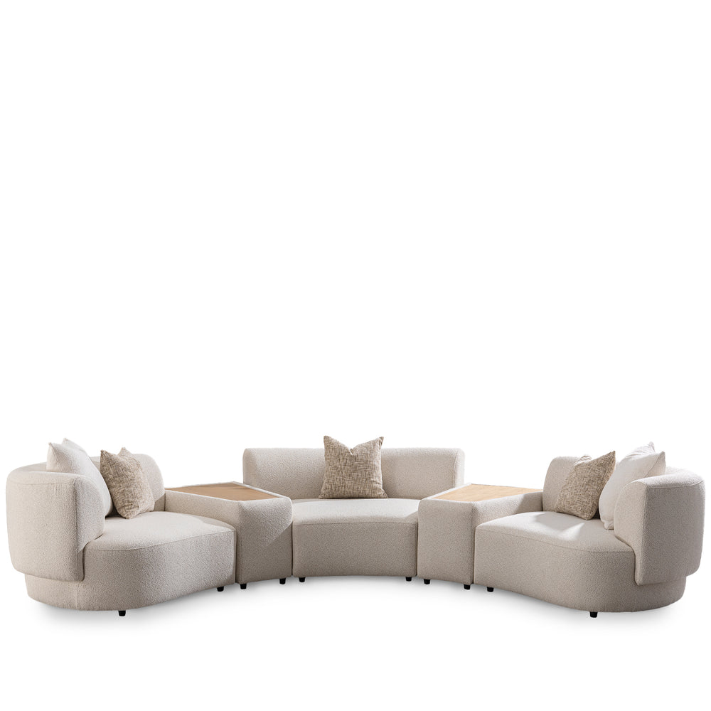 Scandinavian boucle fabric modular 3 seater sofa with side table rene in white background.