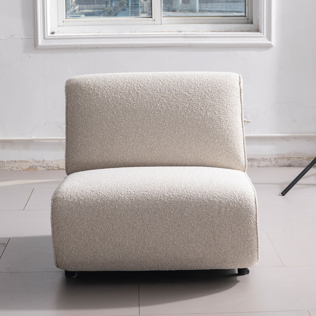 Minimalist boucle fabric modular 4 seater sofa colle in still life.
