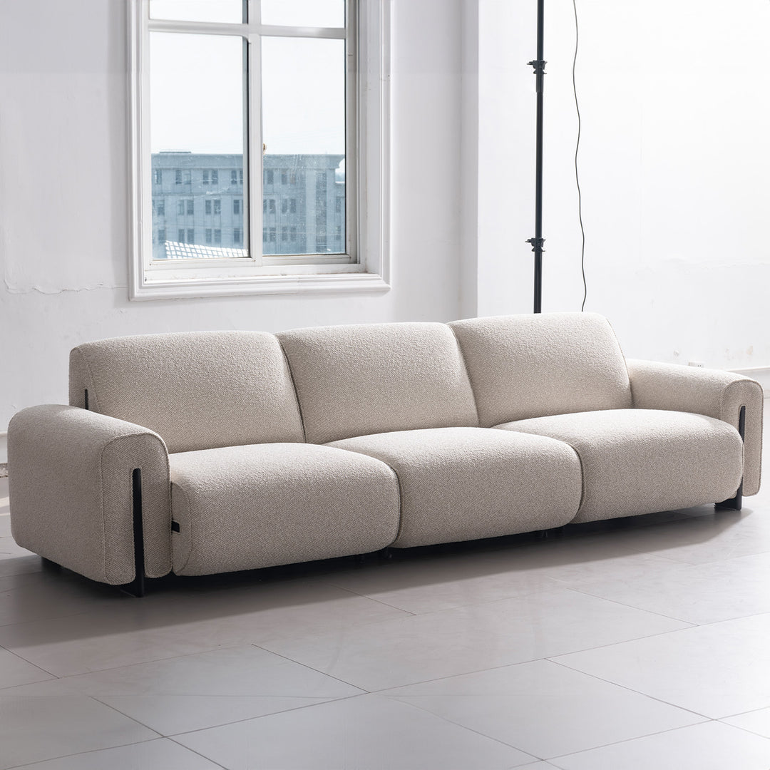 Minimalist boucle fabric modular 4 seater sofa colle in details.