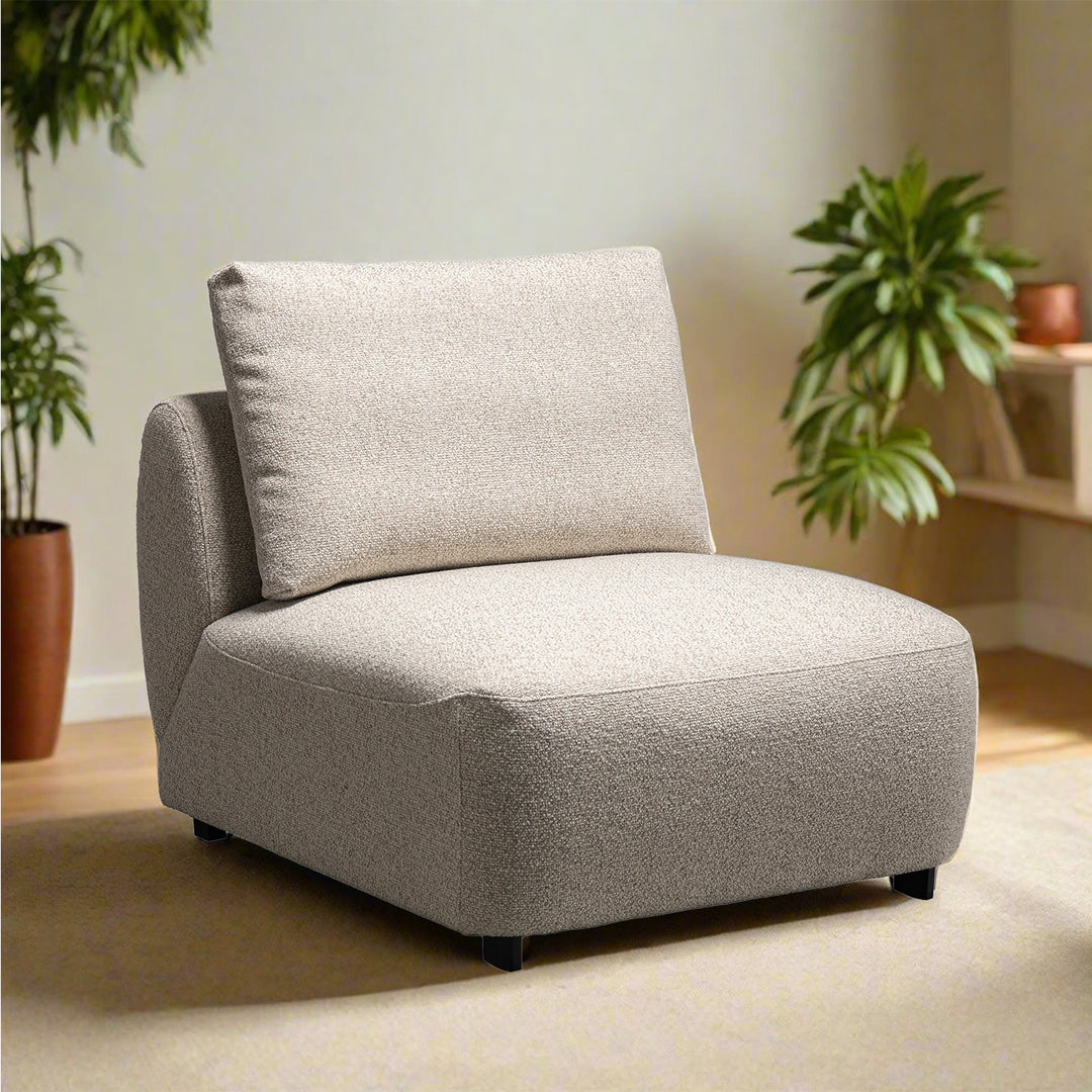 Cream boucle fabric modular armless 1 seater sofa serene in details.