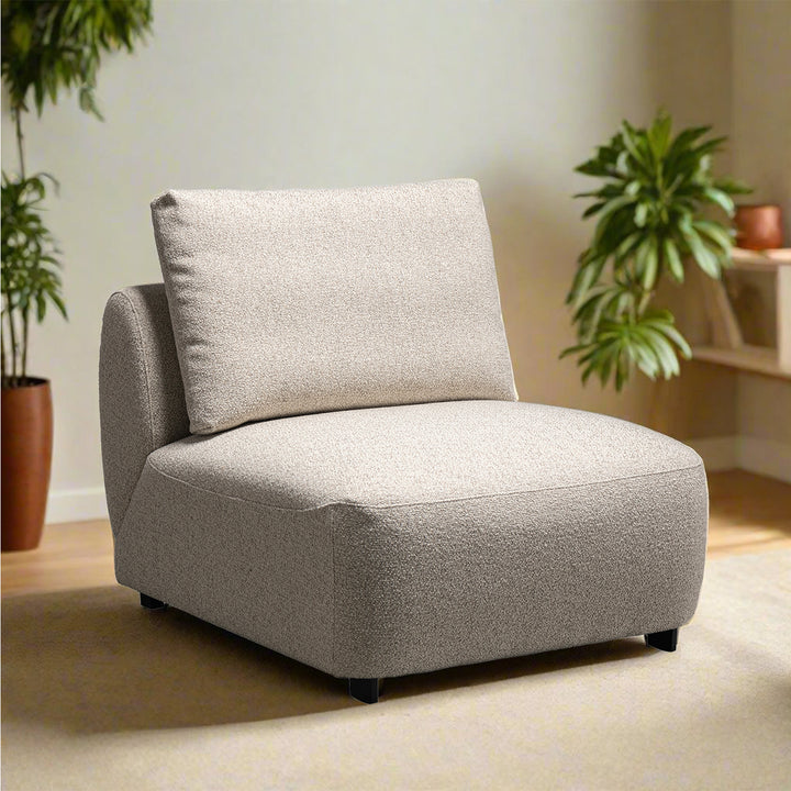 Cream boucle fabric modular armless 1 seater sofa serene in details.