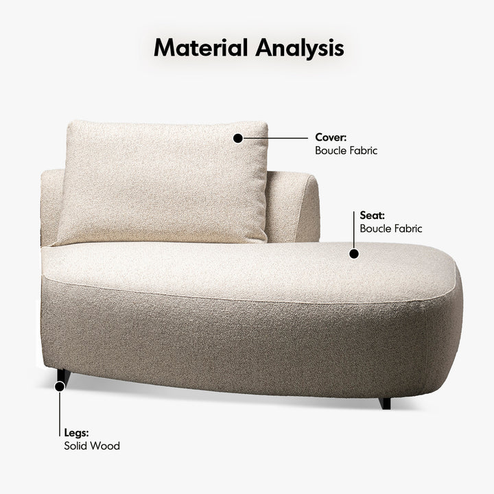 Cream boucle fabric modular chaise 2 seater sofa serene in details.
