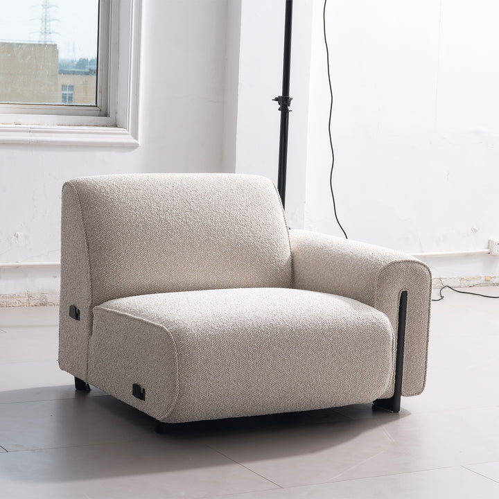 Minimalist boucle fabric modular corner 1 seater sofa colle in still life.