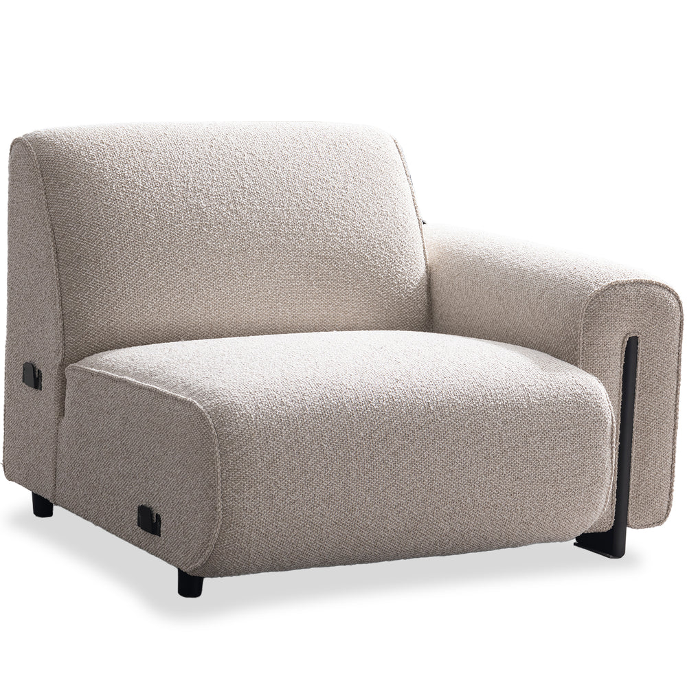Minimalist boucle fabric modular corner 1 seater sofa colle in white background.
