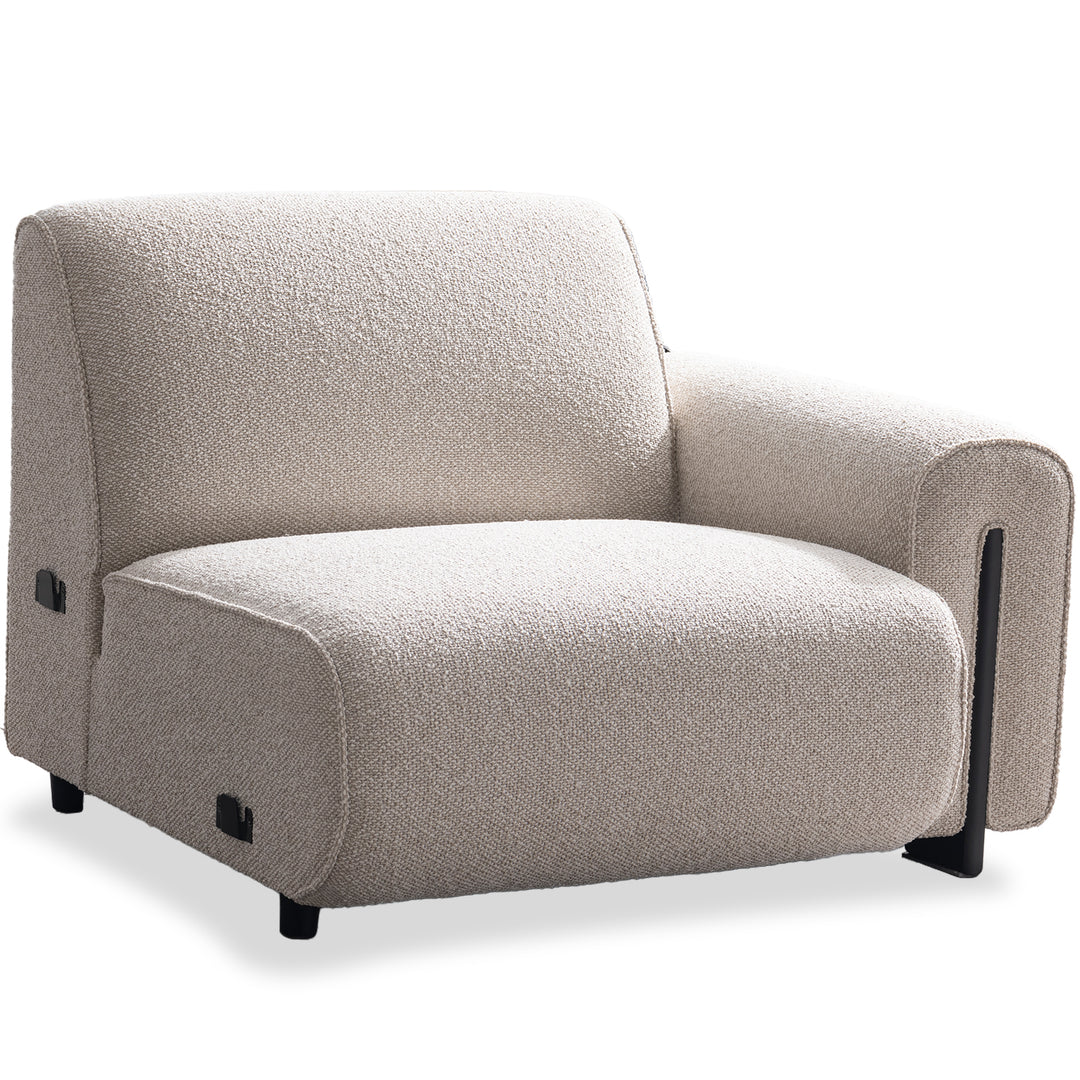 Minimalist boucle fabric modular corner 1 seater sofa colle in white background.