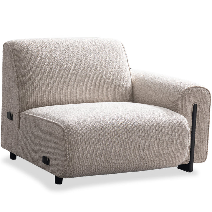 Minimalist boucle fabric modular corner 1 seater sofa colle in white background.