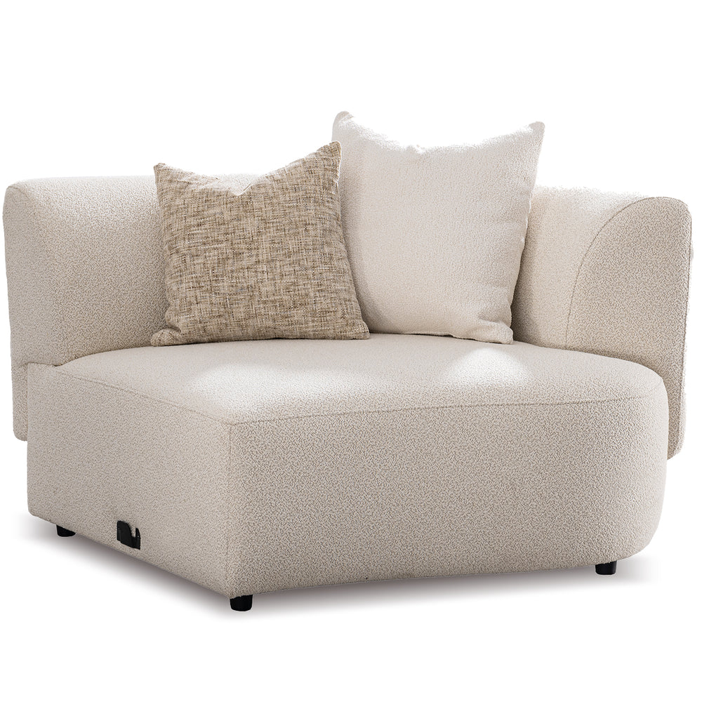 Scandinavian boucle fabric modular corner 1 seater sofa rene in white background.