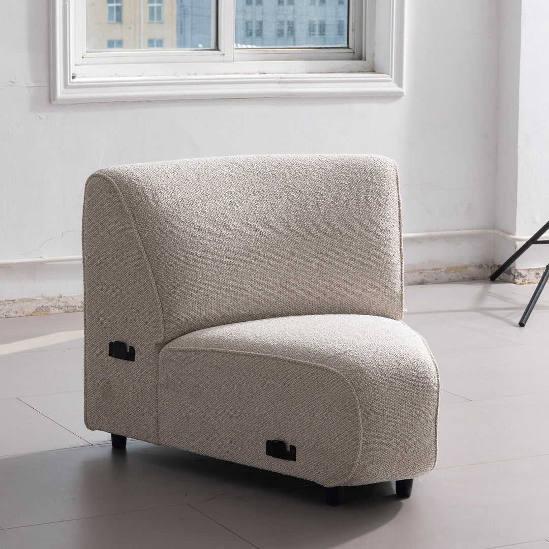Minimalist boucle fabric modular joint connection 1 seater sofa colle in still life.