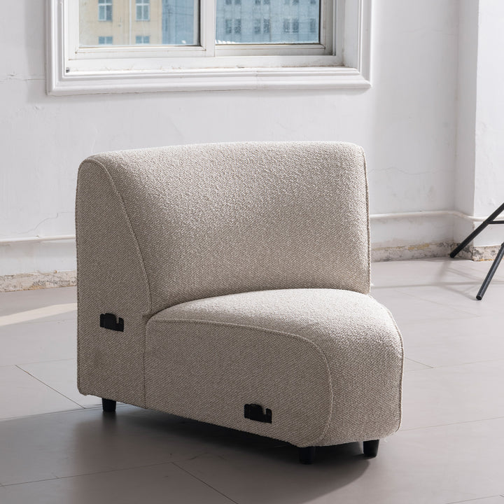 Minimalist boucle fabric modular joint connection 1 seater sofa colle in still life.