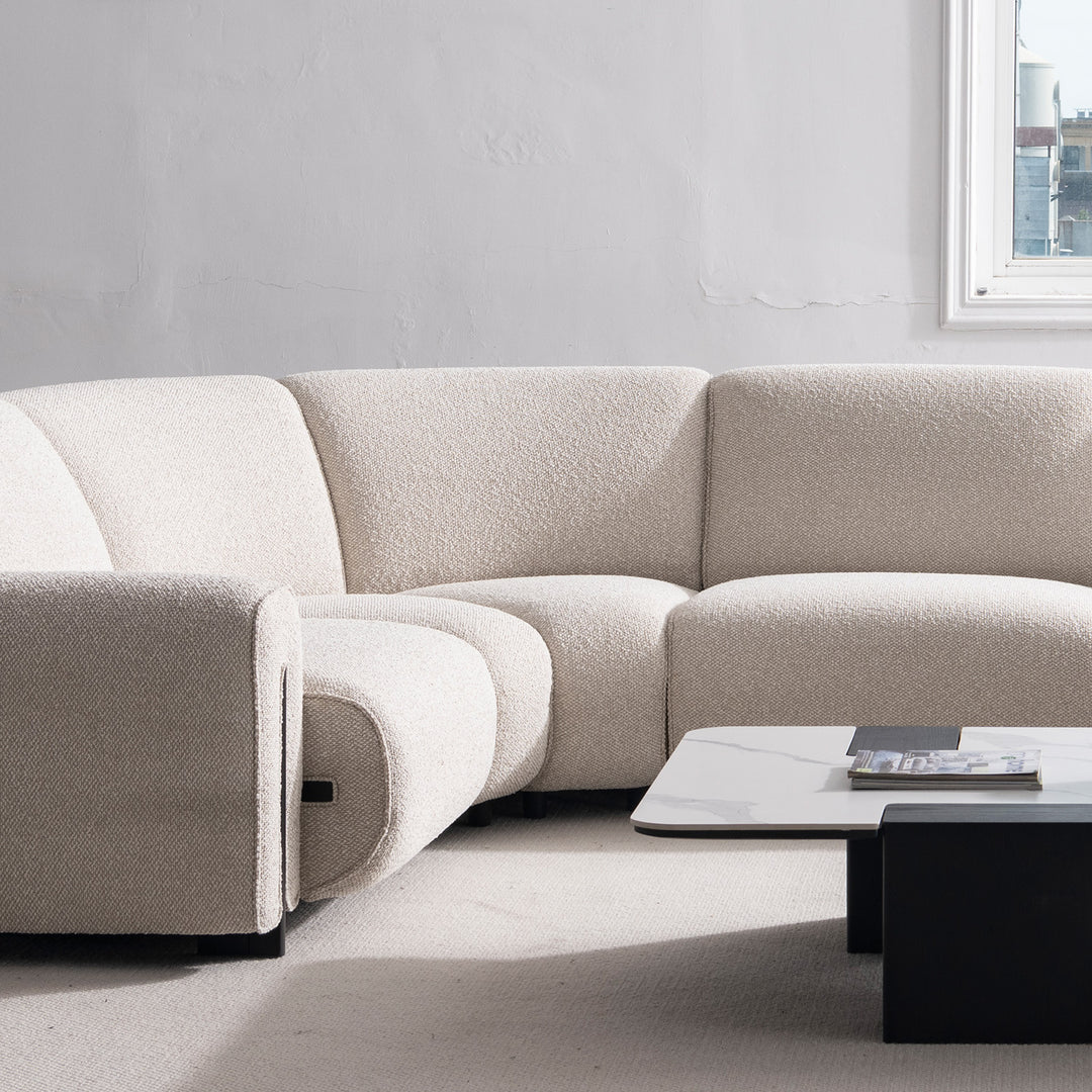 Minimalist boucle fabric modular joint connection 1 seater sofa colle color swatches.