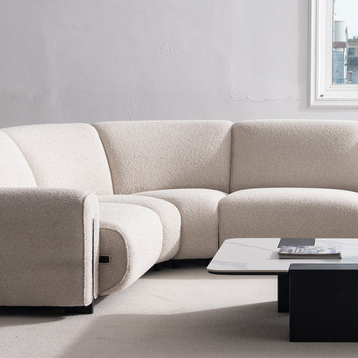 Minimalist boucle fabric modular joint connection 1 seater sofa colle color swatches.