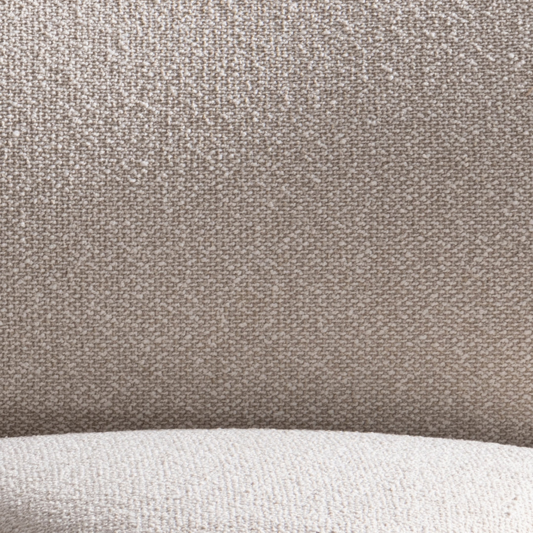 Minimalist boucle fabric modular joint connection 1 seater sofa colle in close up details.