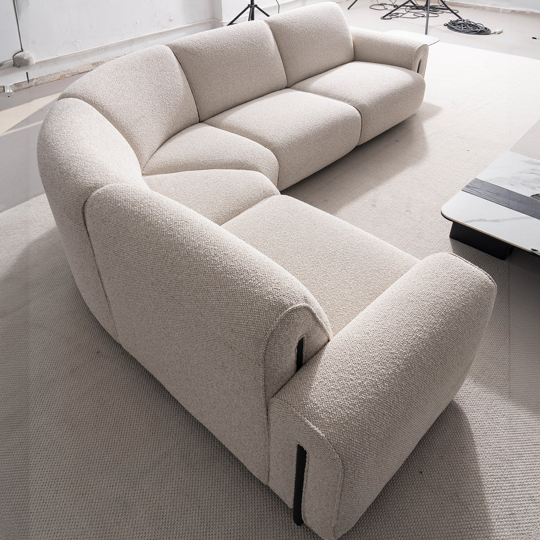 Minimalist boucle fabric modular l shape sectional sofa colle 4+l in close up details.