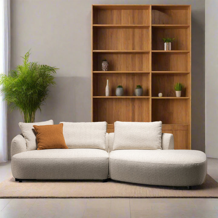Cream boucle fabric modular l shape sectional sofa serene 2+l in panoramic view.