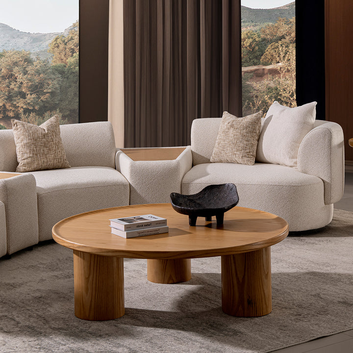 Scandinavian boucle fabric modular side table rene layered structure.