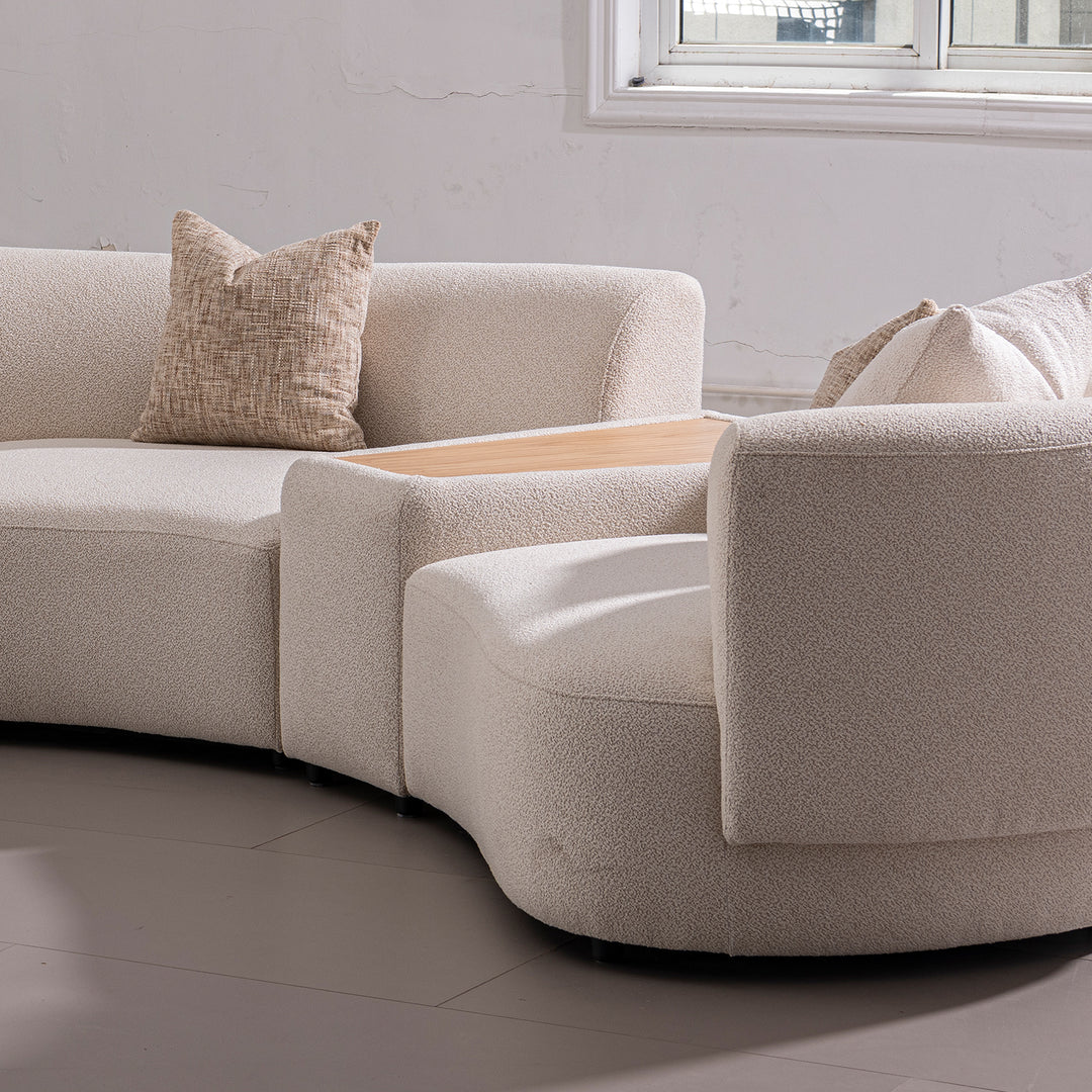 Scandinavian boucle fabric modular side table rene in close up details.