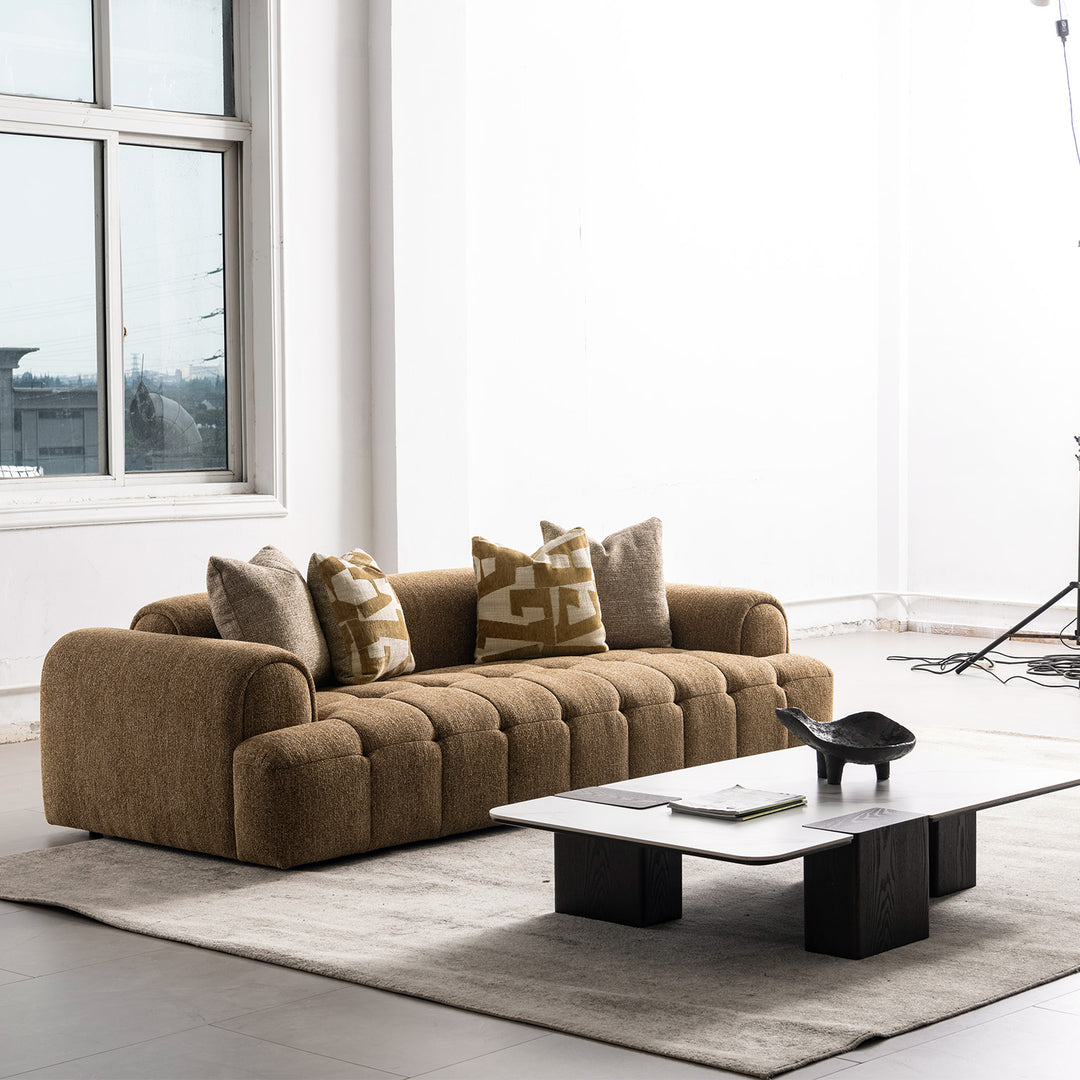 Modern mixed weave fabric 3 seater sofa puff material variants.