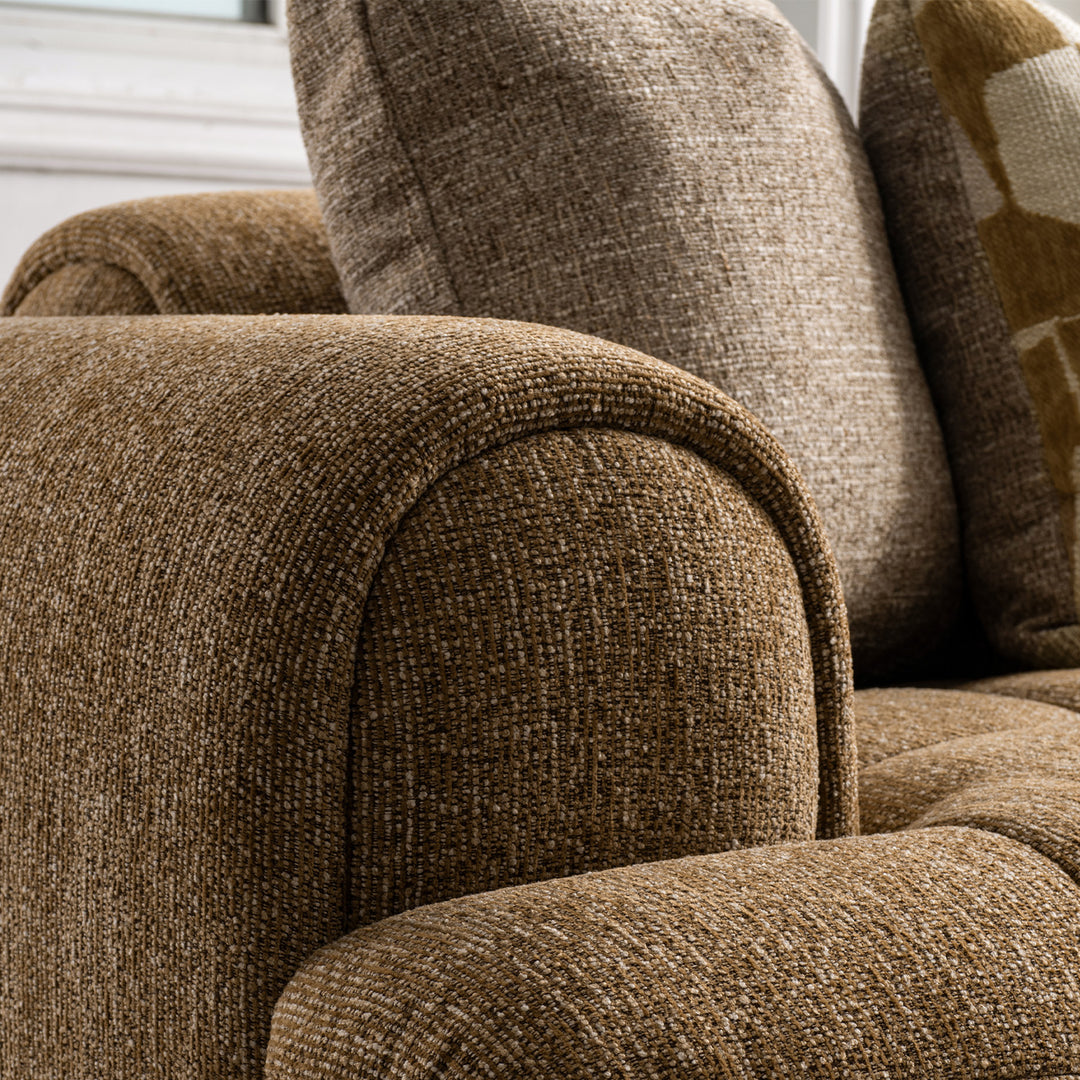 Modern mixed weave fabric 3 seater sofa puff in details.