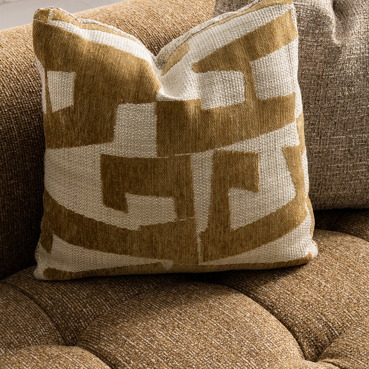 Modern mixed weave fabric 3 seater sofa puff in close up details.