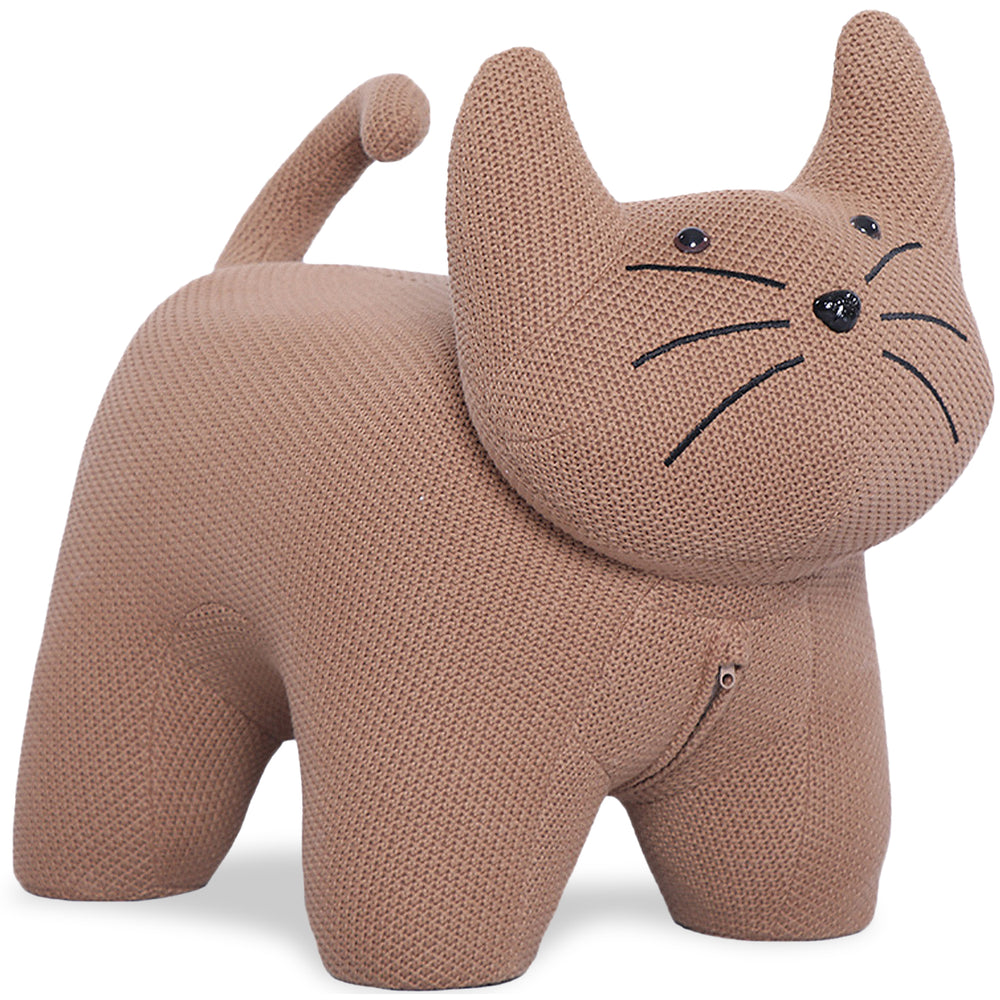 Contemporary mixed weave fabric ottoman decoration cat in white background.
