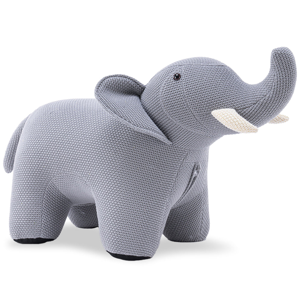 Contemporary mixed weave fabric ottoman decoration elephant in white background.