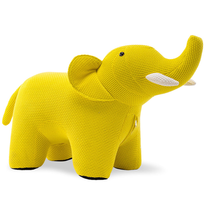 Contemporary mixed weave fabric ottoman decoration elephant in still life.