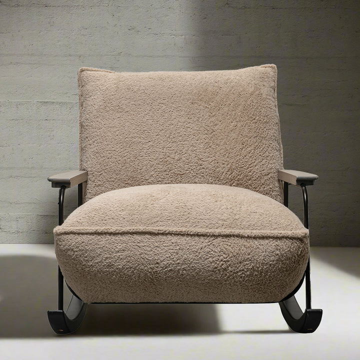 Cream sherpa fabric rocking chair 1 seater sofa cloudy in close up details.