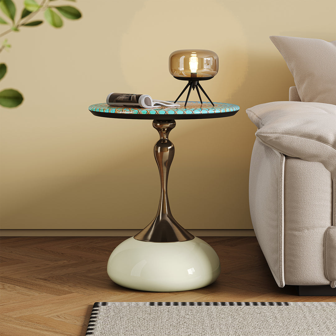 Eclectic sintered stone side table twist green in panoramic view.