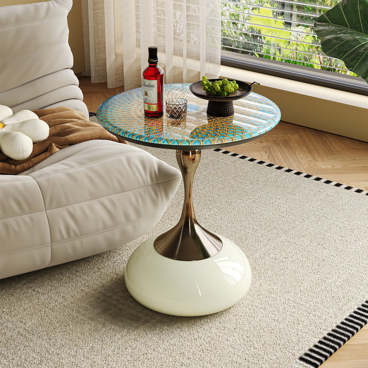 Eclectic sintered stone side table twist green in still life.