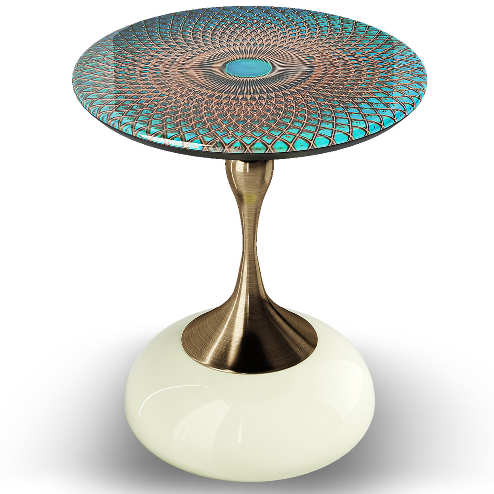 Eclectic sintered stone side table twist green in white background.