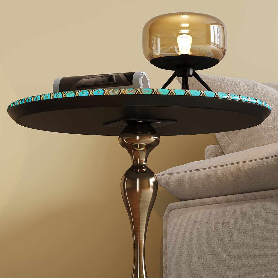 Eclectic sintered stone side table twist green material variants.