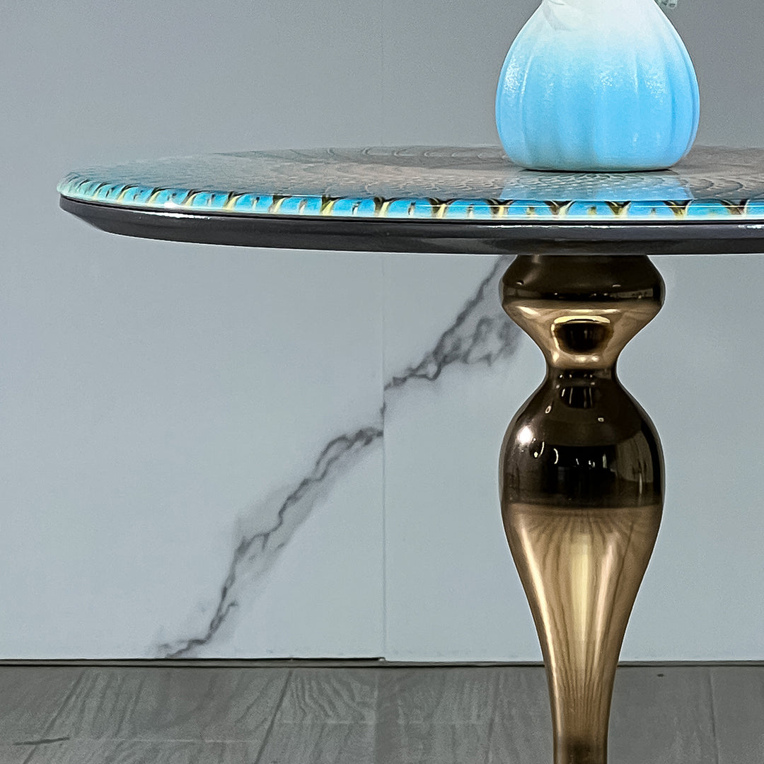Eclectic sintered stone side table twist green with context.