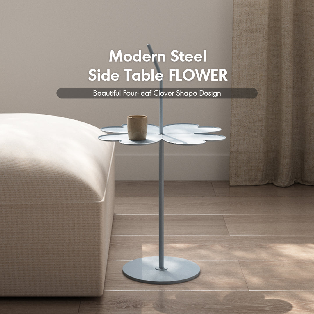 Contemporary steel side table flower material variants.