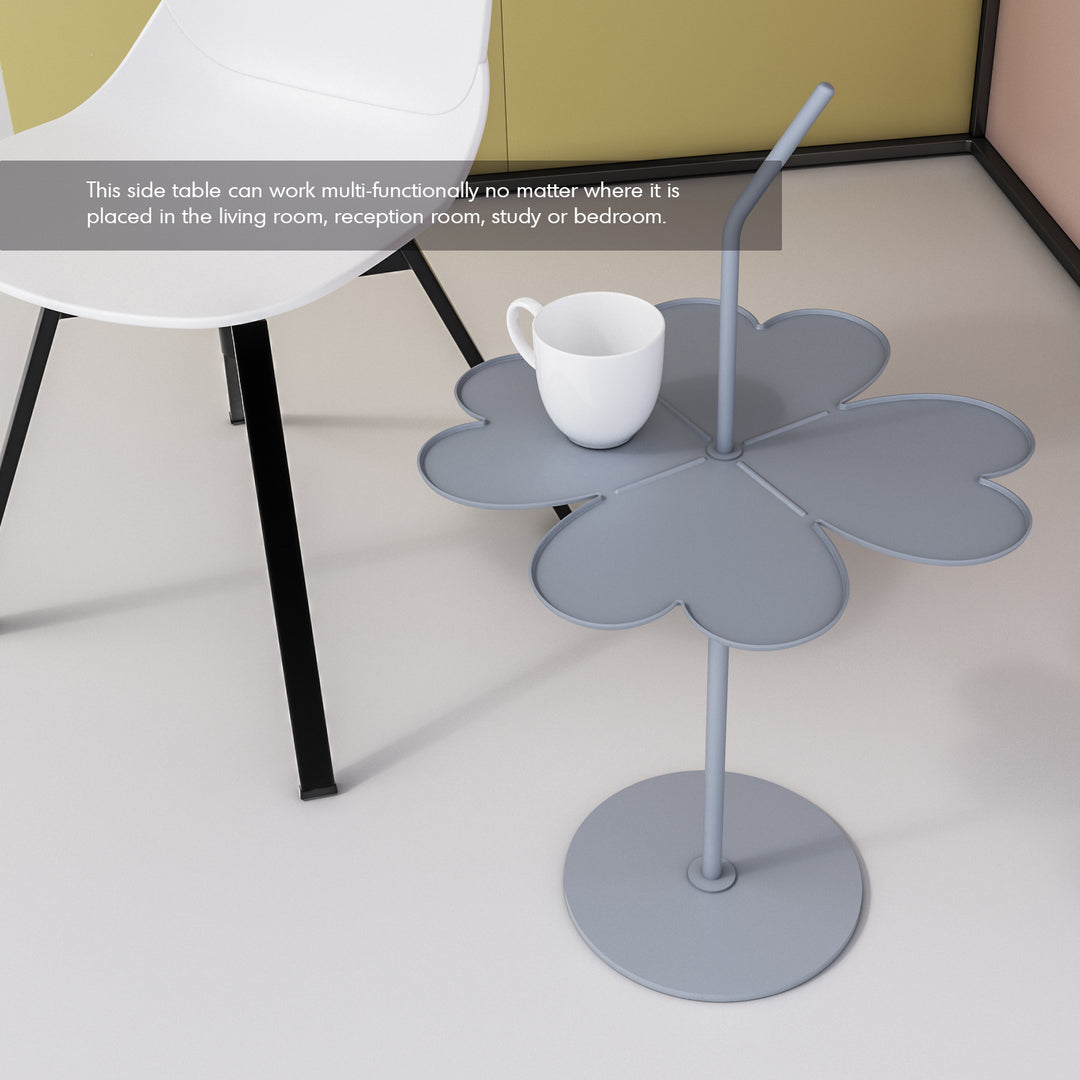 Contemporary steel side table flower in real life style.