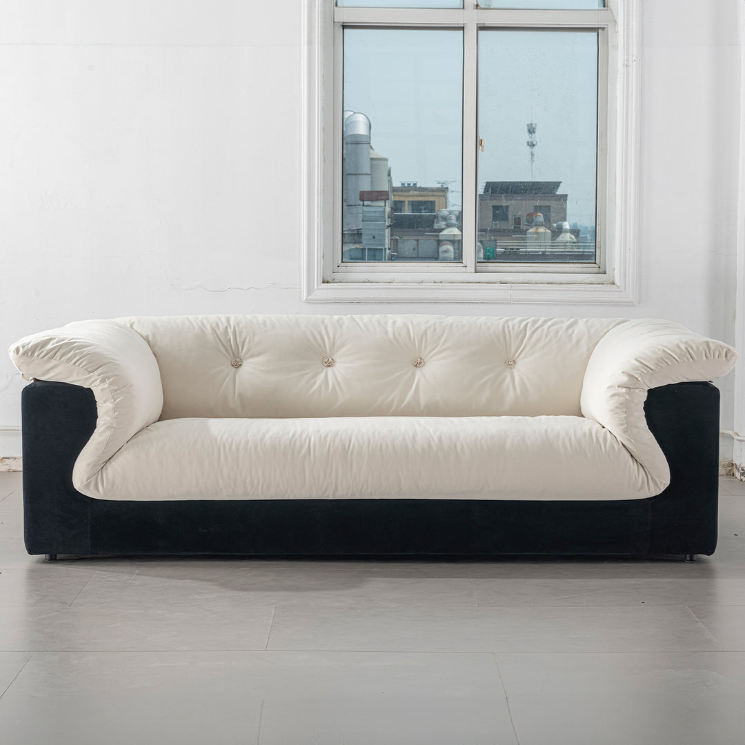 Cream suede fabric 3 seater sofa camellia material variants.