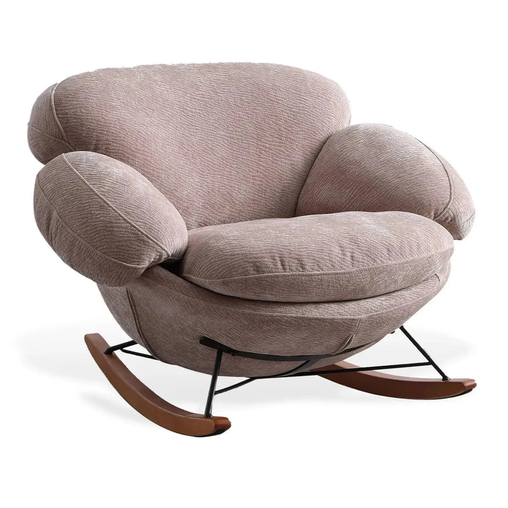Cream teddy fabric rocking 1 seater sofa swank in panoramic view.