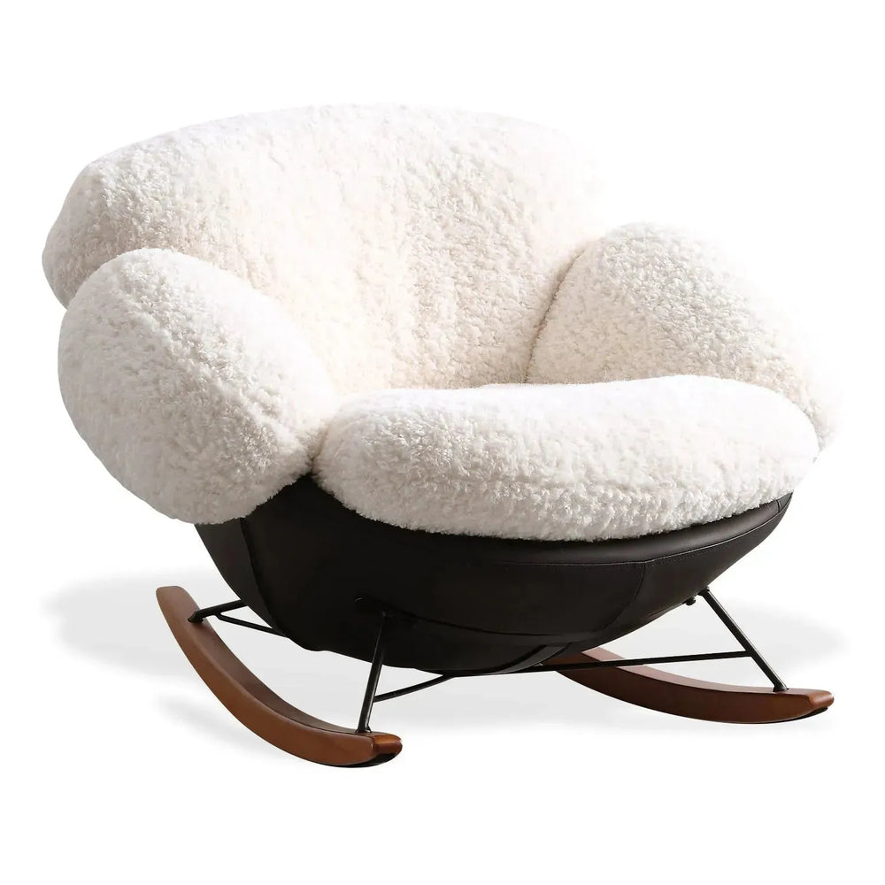 Cream teddy fabric rocking 1 seater sofa swank in white background.