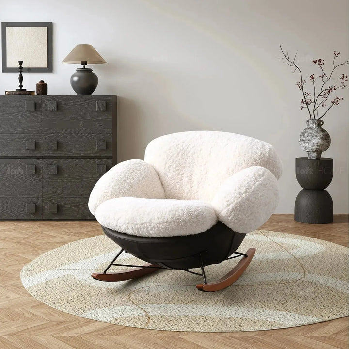 Cream teddy fabric rocking 1 seater sofa swank material variants.