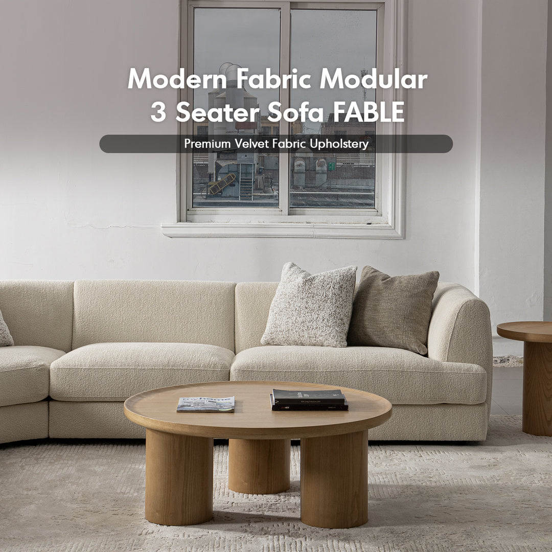 Minimalist velvet fabric modular 3 seater sofa fable material variants.