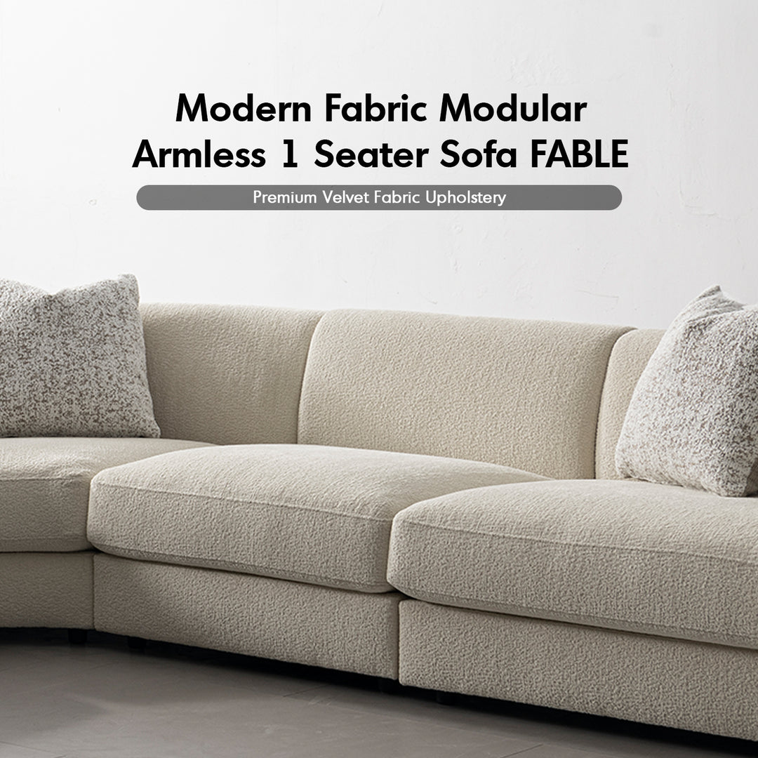 Minimalist velvet fabric modular armless 1 seater sofa fable material variants.