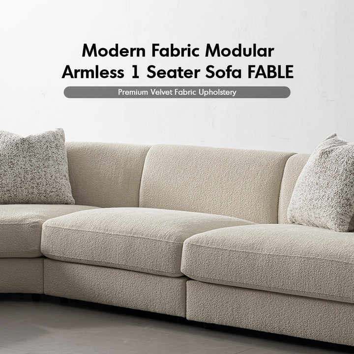 Minimalist velvet fabric modular armless 1 seater sofa fable material variants.