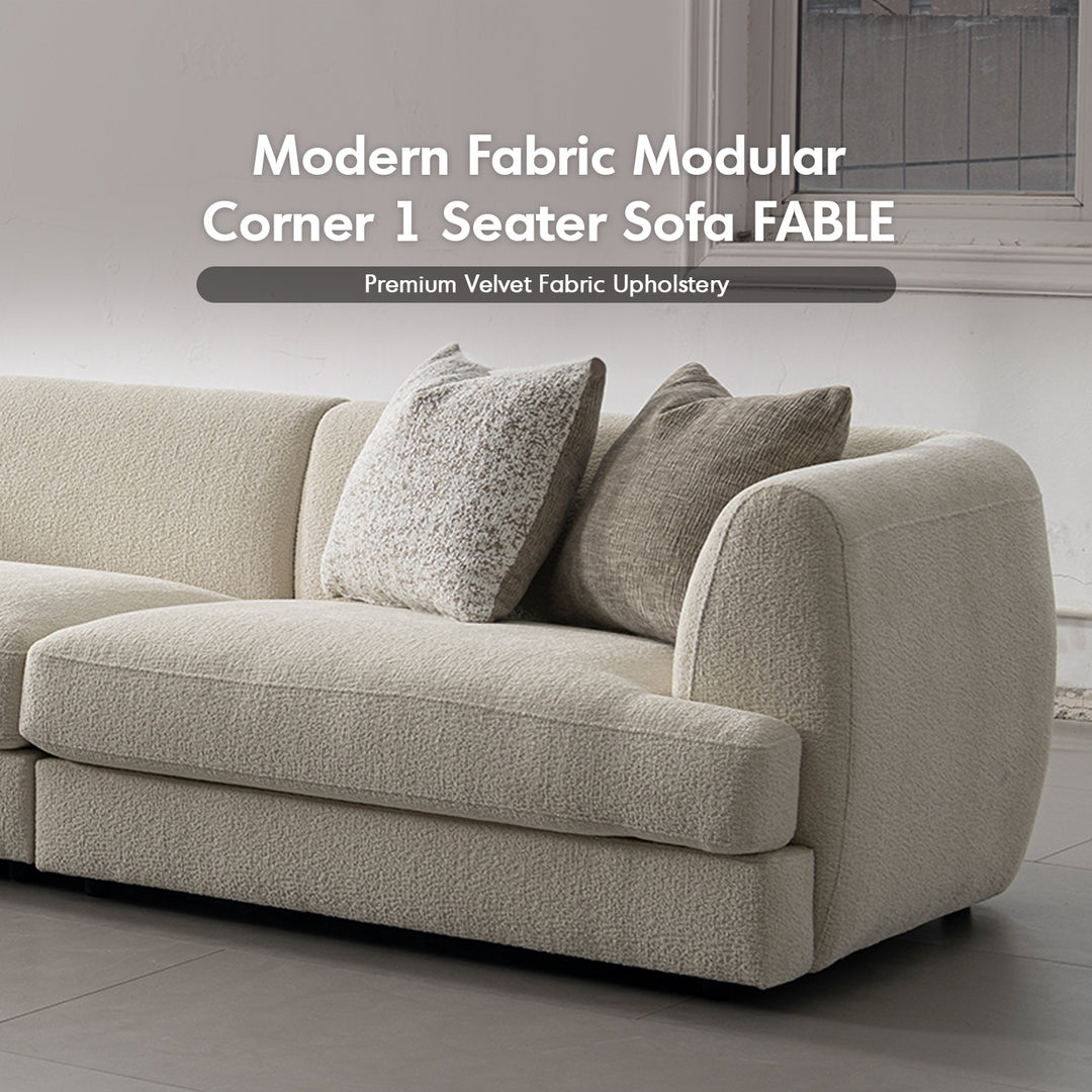Minimalist velvet fabric modular corner 1 seater sofa fable material variants.