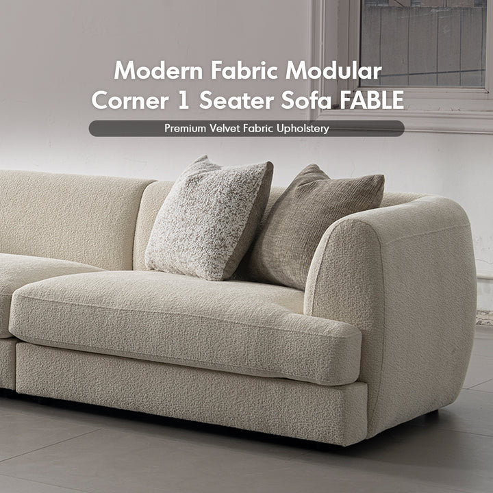 Minimalist velvet fabric modular corner 1 seater sofa fable material variants.