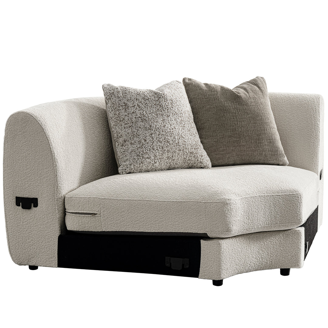 Modern velvet fabric modular joint connection 1 seater sofa fable in close up details.