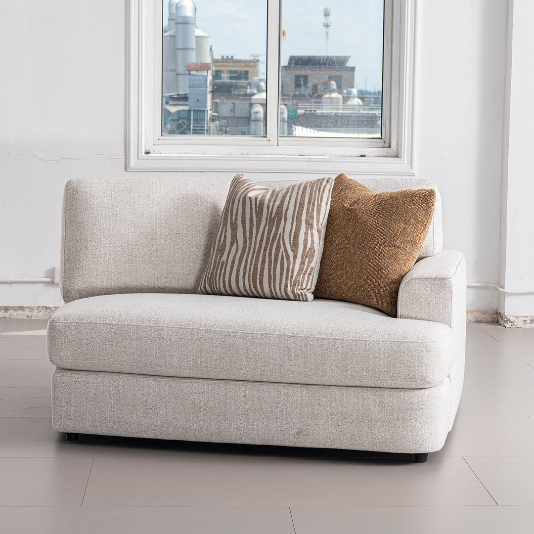 Modern mixed weave fabric chaise 2 seater sofa lucent in panoramic view.