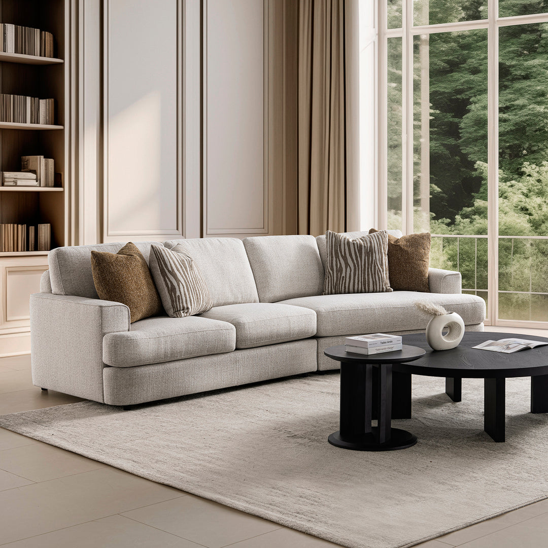Modern mixed weave fabric chaise 2 seater sofa lucent in still life.